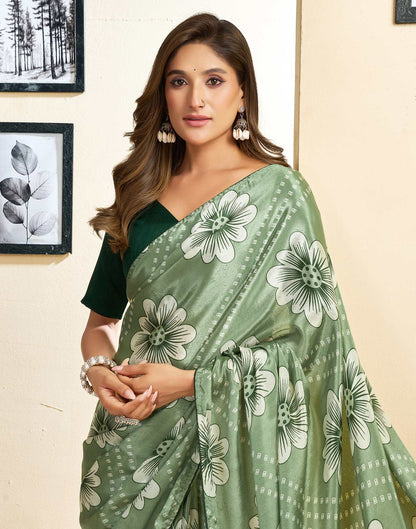Ready To Wear Sage Green Chinnon Floral Printed Saree