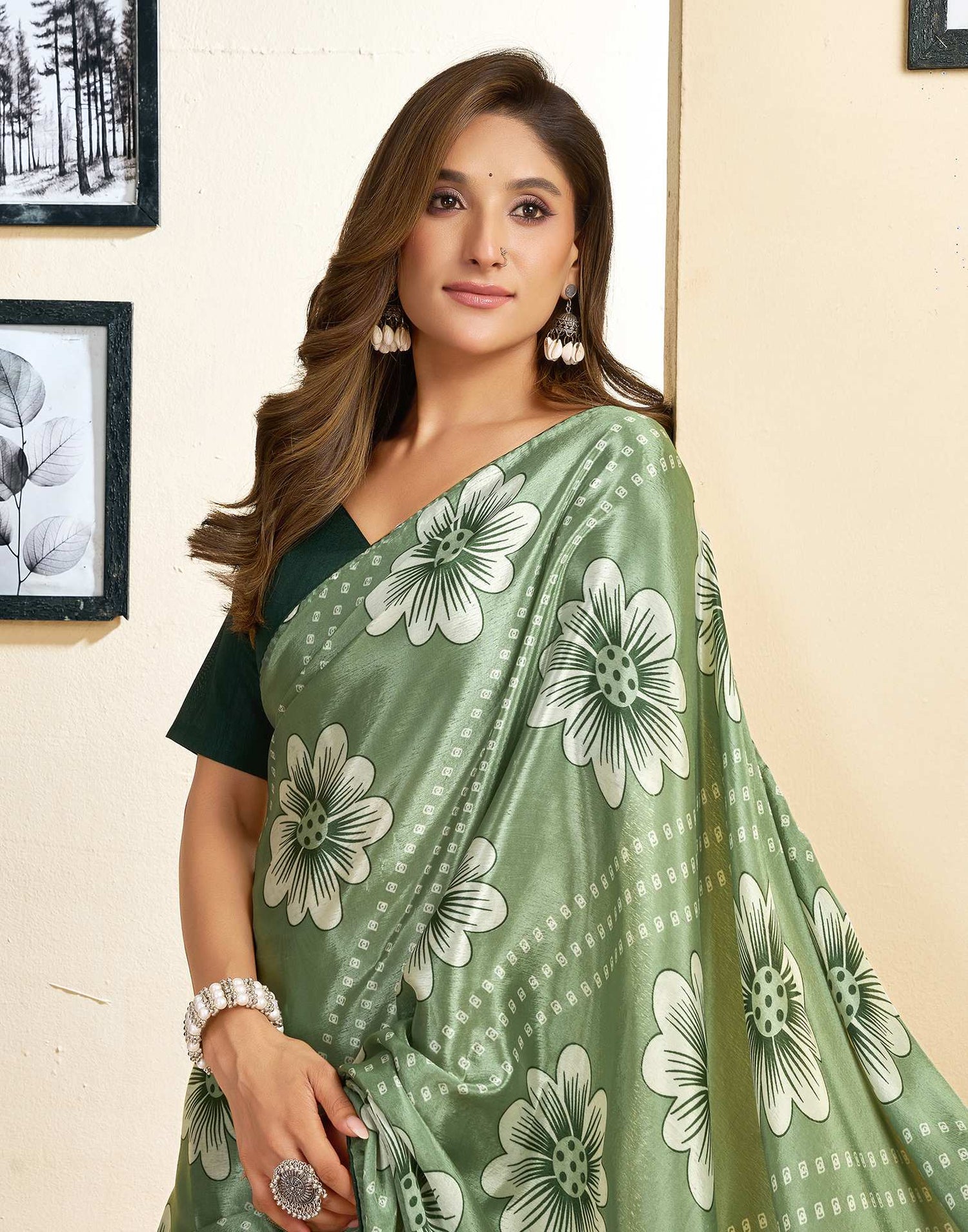 Ready To Wear Sage Green Chinnon Floral Printed Saree