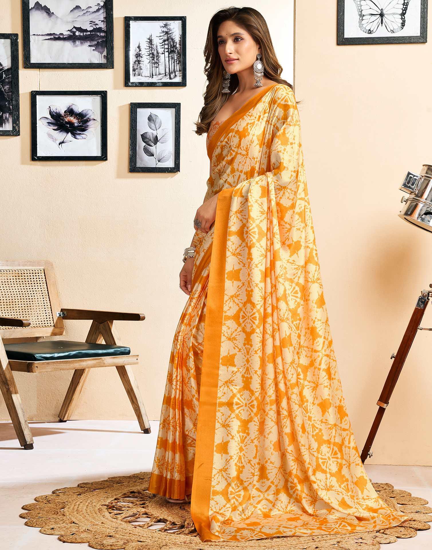 Ready To Wear Yellow Chinnon Printed Saree