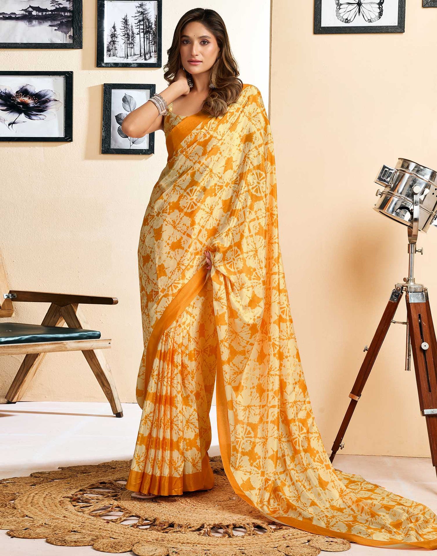 Ready To Wear Yellow Chinnon Printed Saree