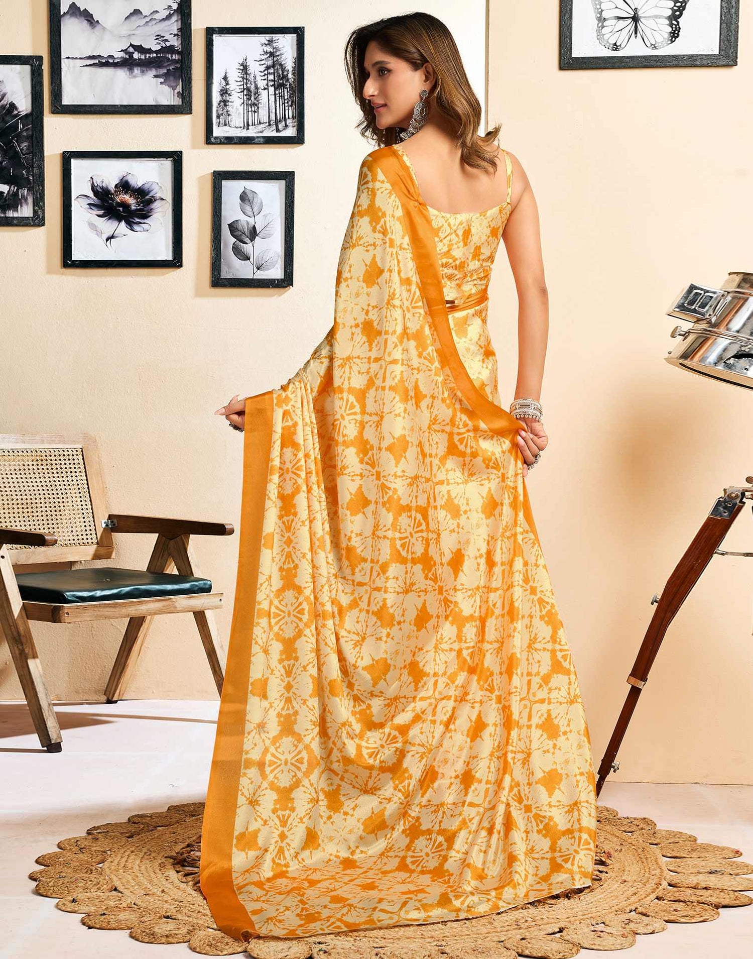 Ready To Wear Yellow Chinnon Printed Saree