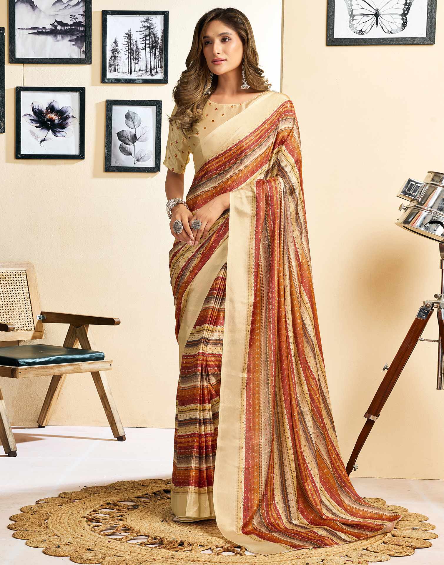 Ready To Wear Beige Chinnon Printed Saree