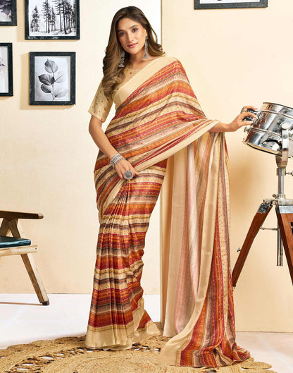 Ready To Wear Beige Chinnon Printed Saree