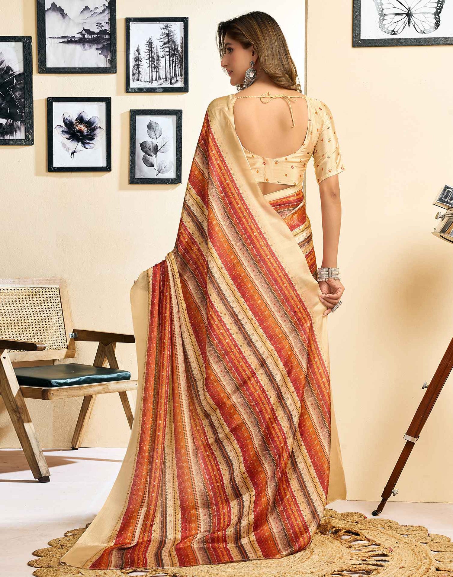 Ready To Wear Beige Chinnon Printed Saree
