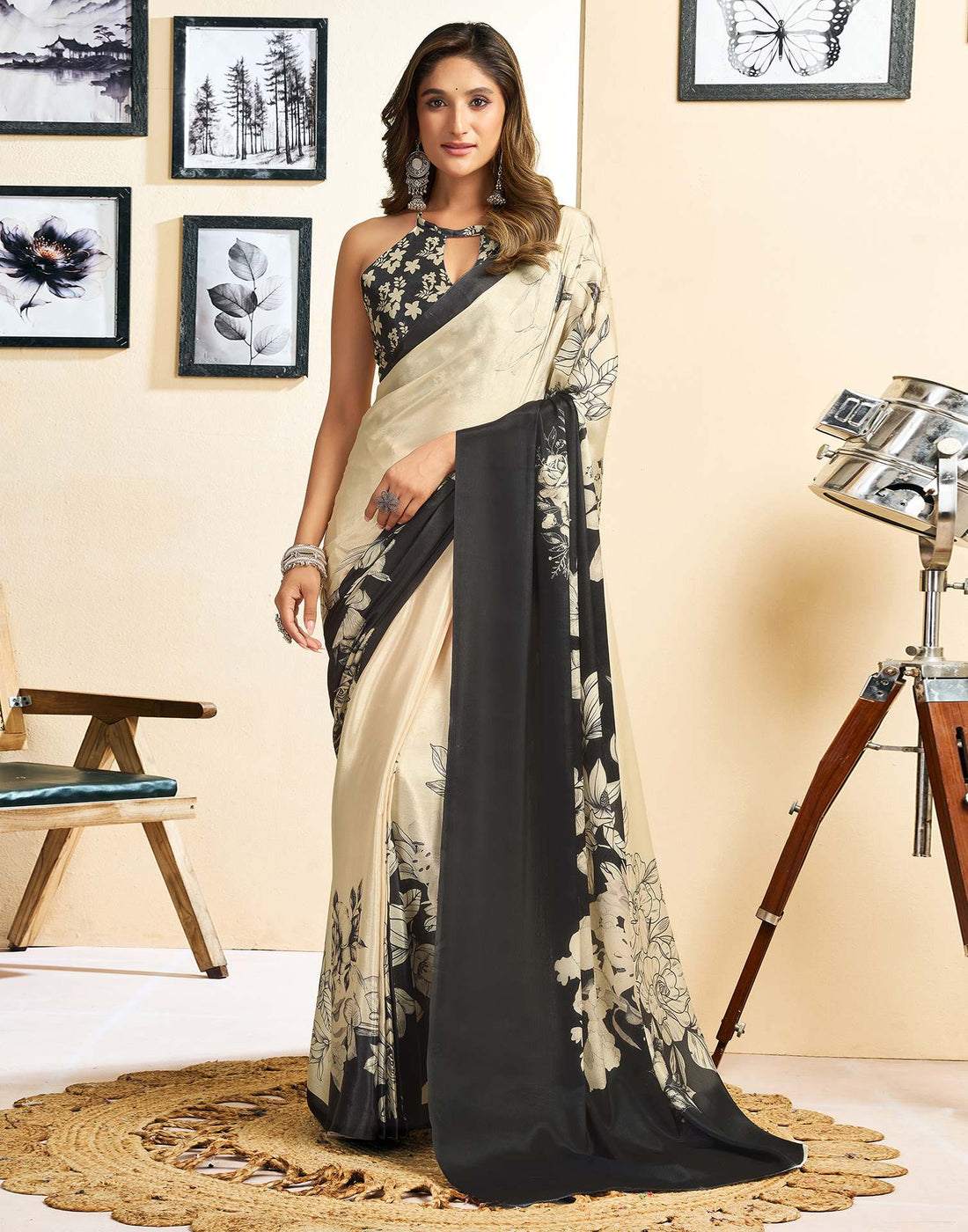 Ready To Wear Beige Chinnon Floral Printed Saree