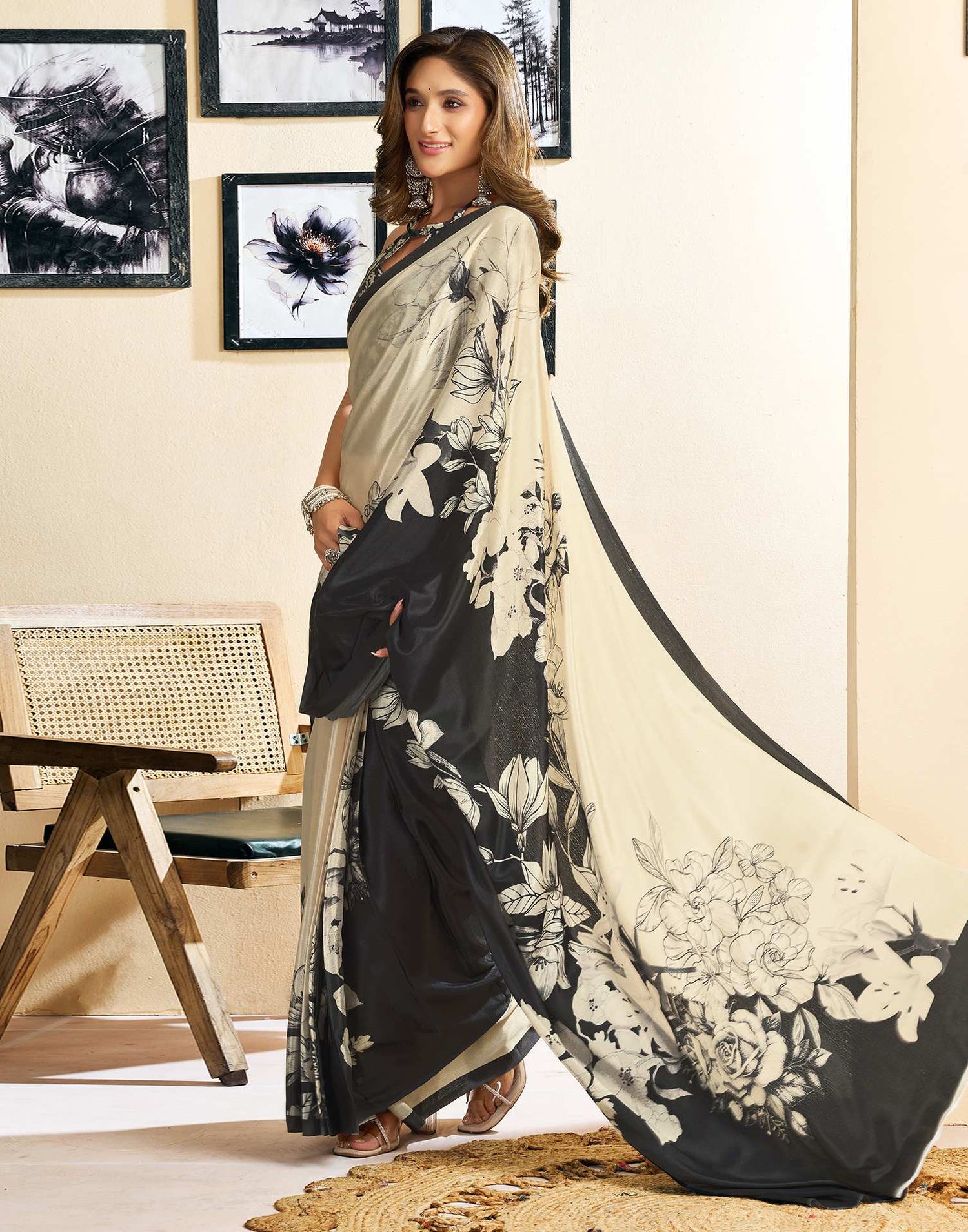 Ready To Wear Beige Chinnon Floral Printed Saree
