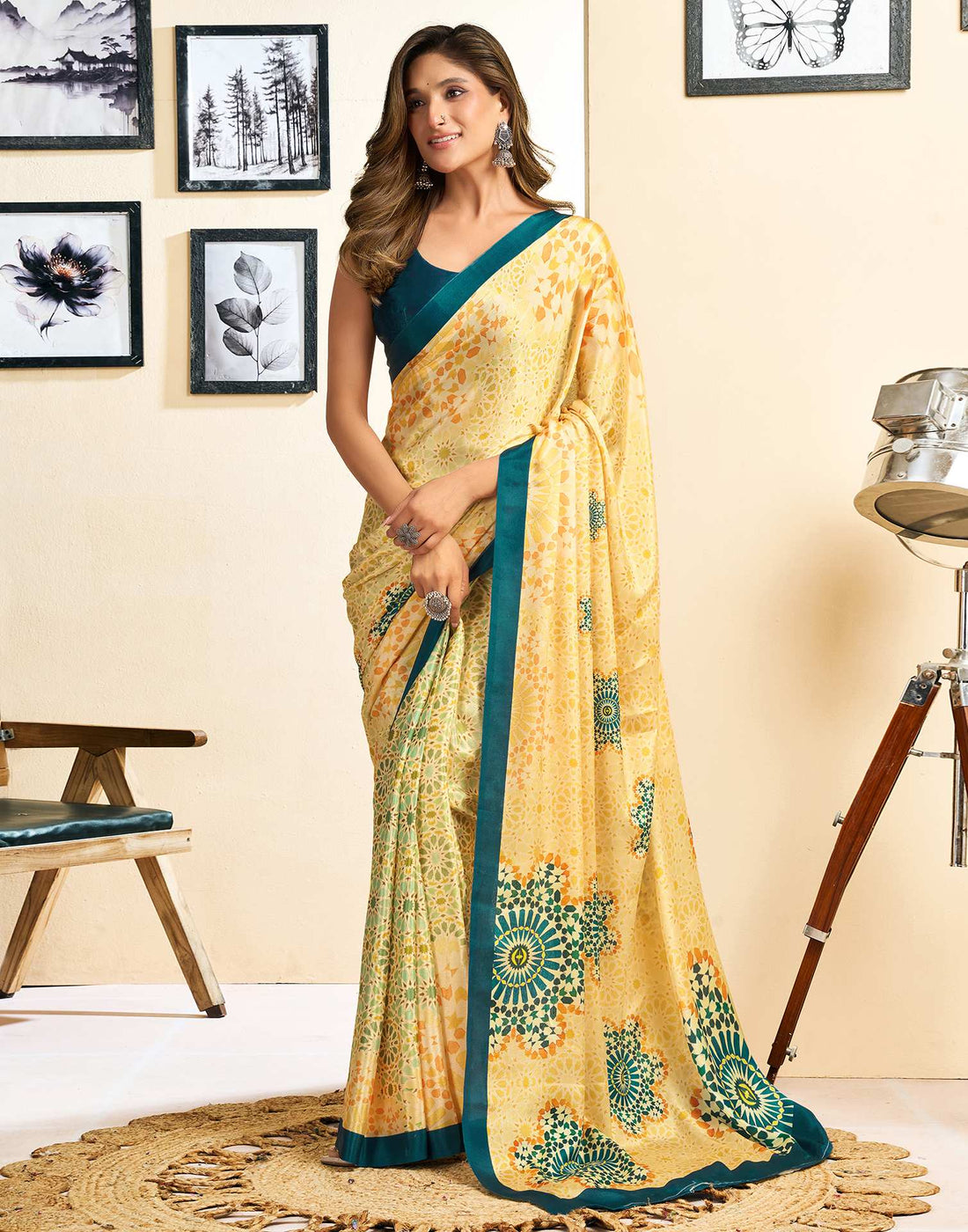 Ready To Wear Light Yellow Chinnon Printed Saree