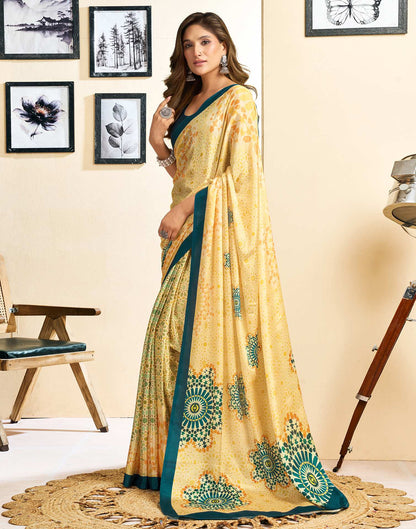 Ready To Wear Light Yellow Chinnon Printed Saree