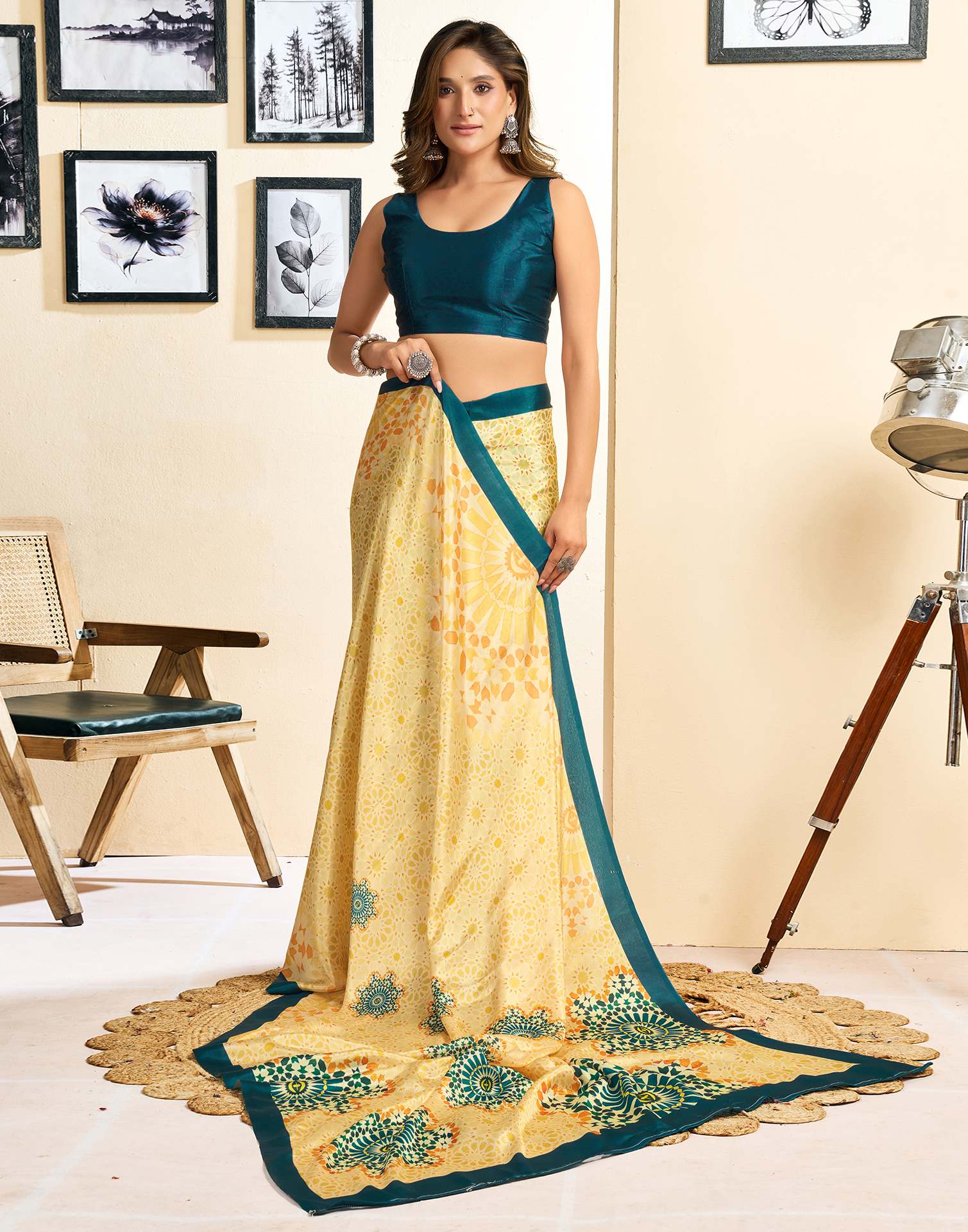 Ready To Wear Light Yellow Chinnon Printed Saree
