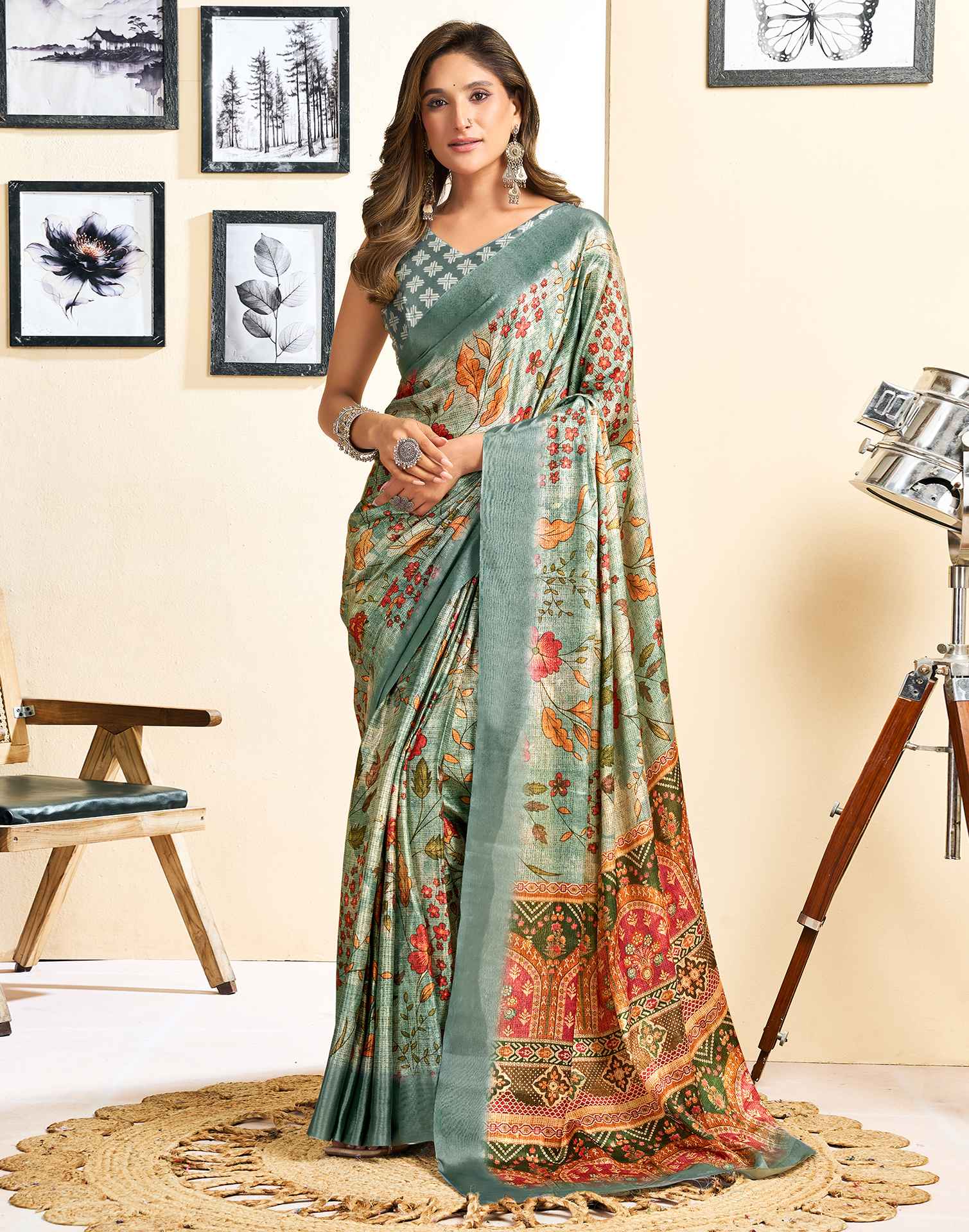 Ready To Wear Tea Green Chinnon Floral Printed Saree