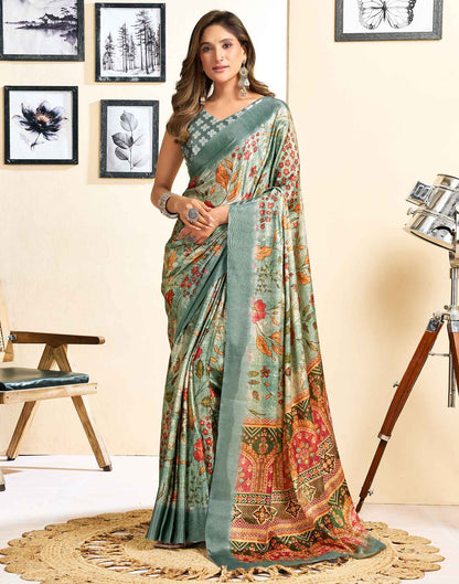 Ready To Wear Tea Green Chinnon Floral Printed Saree