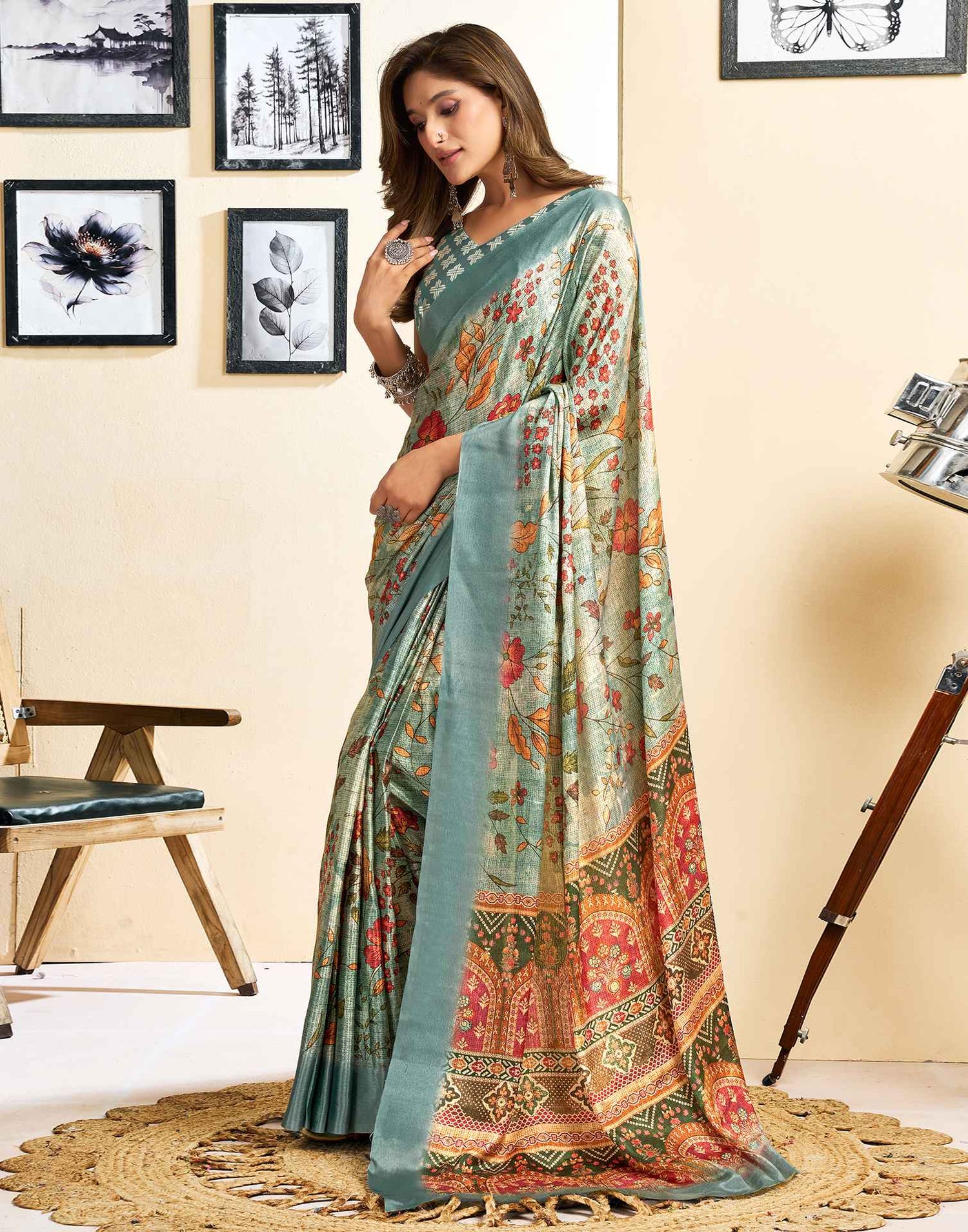 Ready To Wear Tea Green Chinnon Floral Printed Saree