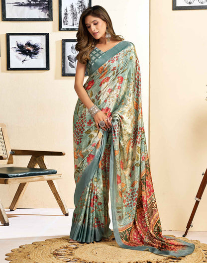 Ready To Wear Tea Green Chinnon Floral Printed Saree