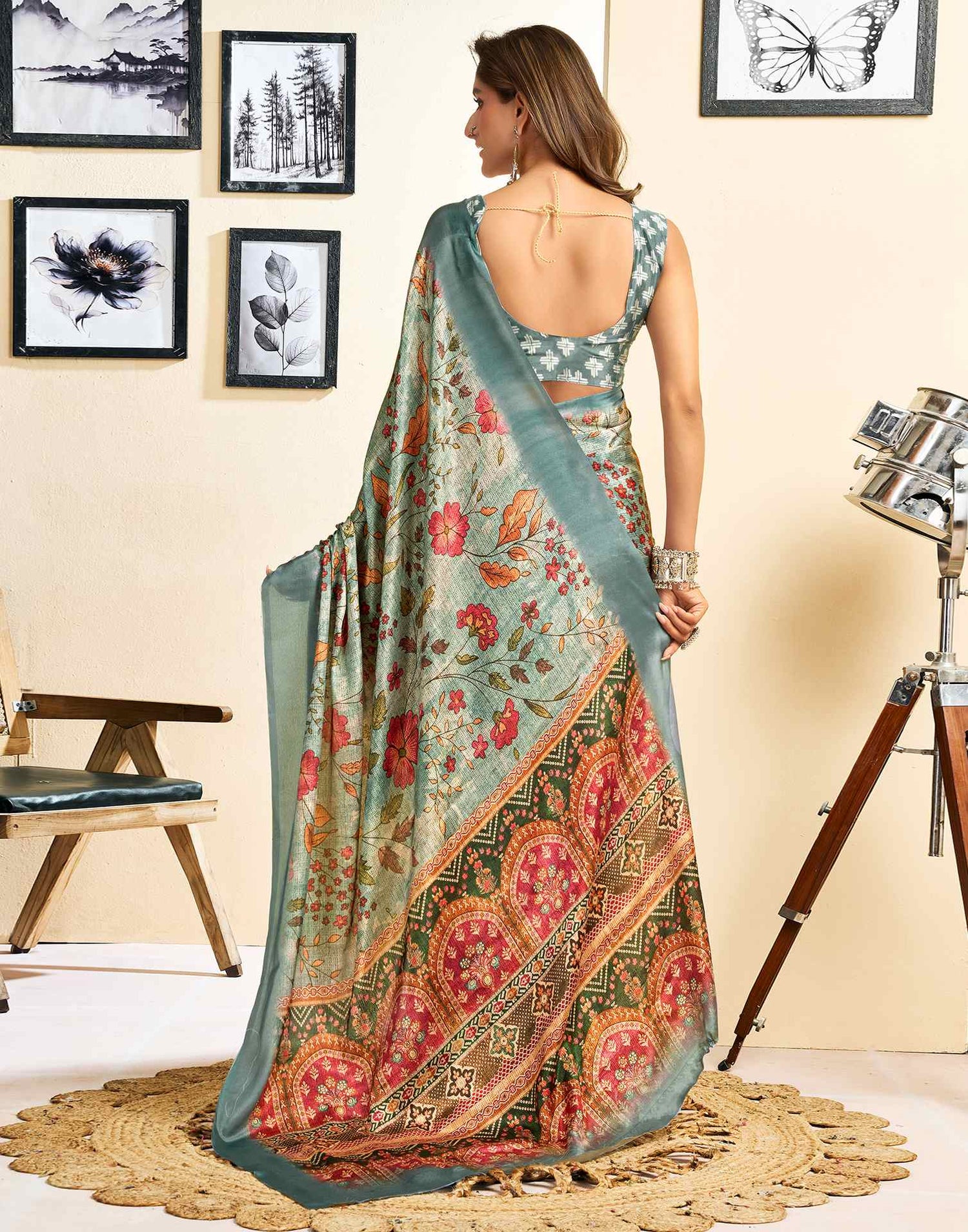 Ready To Wear Tea Green Chinnon Floral Printed Saree