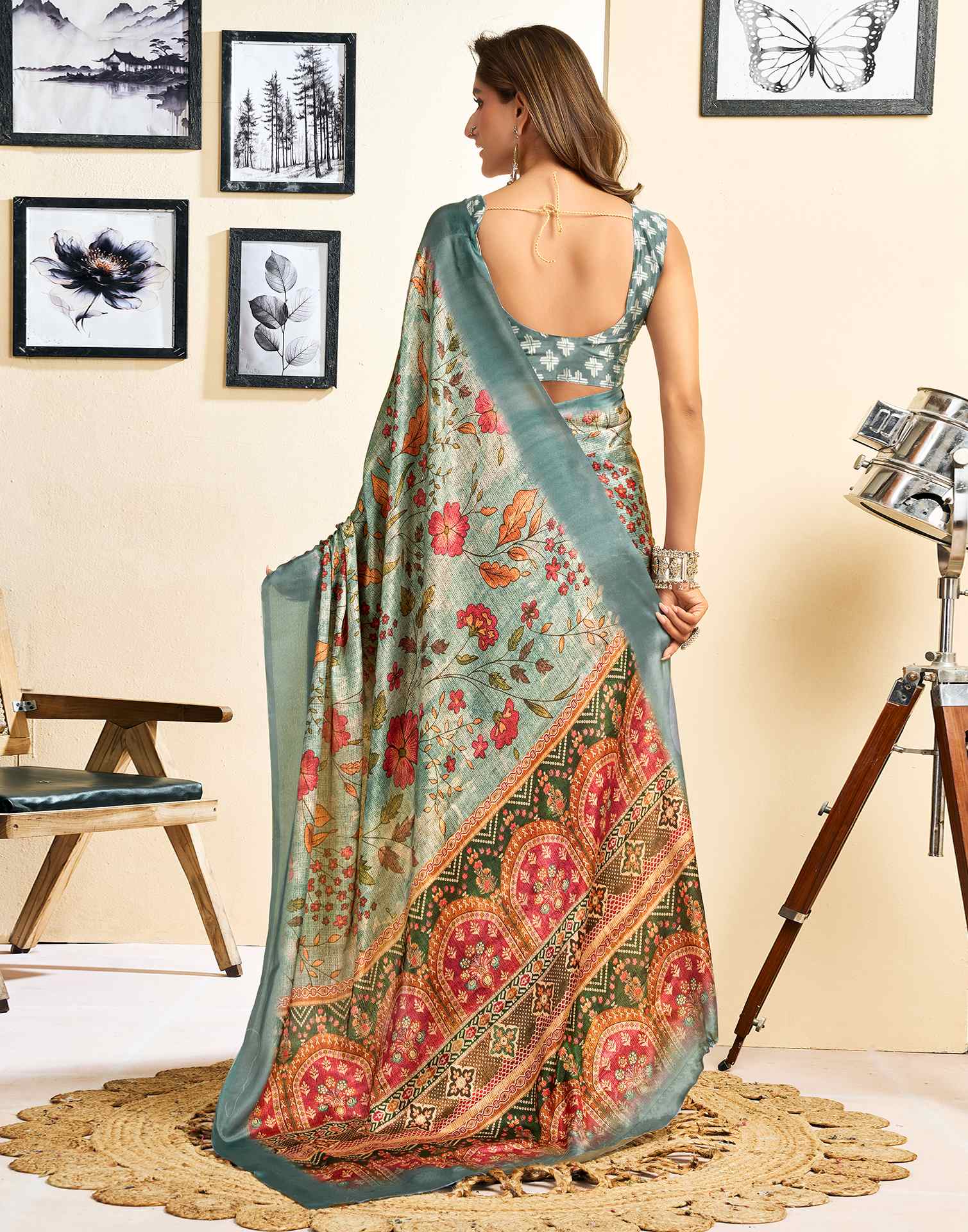 Ready To Wear Tea Green Chinnon Floral Printed Saree