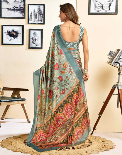 Ready To Wear Tea Green Chinnon Floral Printed Saree