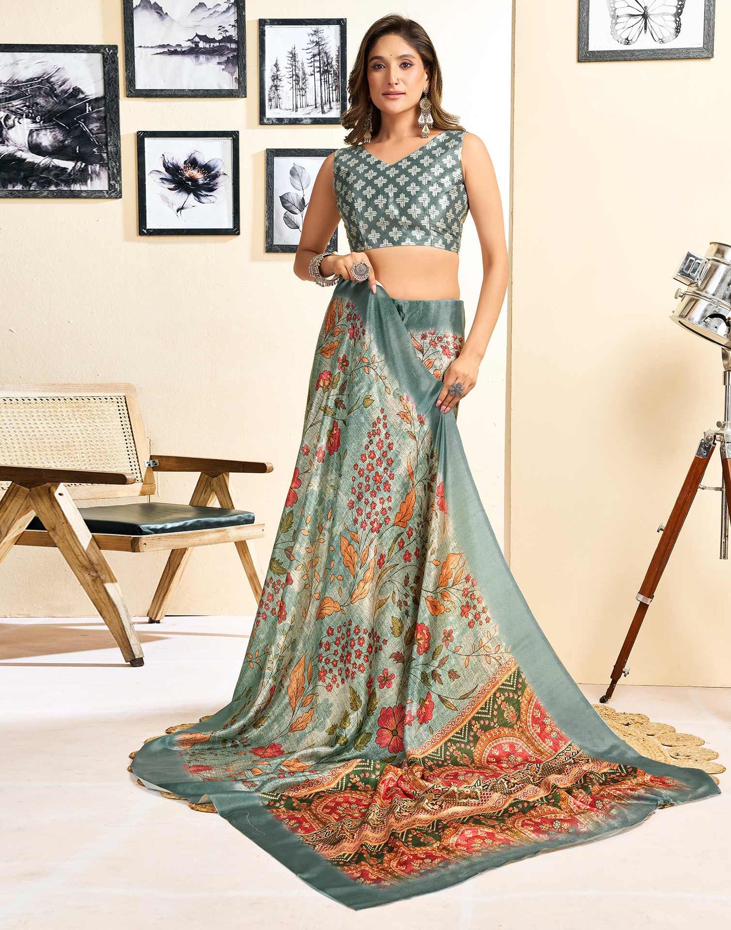 Ready To Wear Tea Green Chinnon Floral Printed Saree