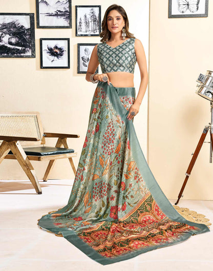 Ready To Wear Tea Green Chinnon Floral Printed Saree