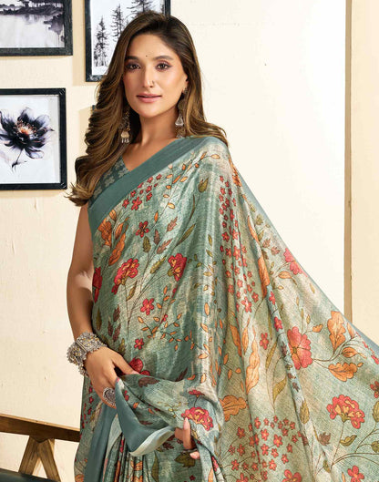 Ready To Wear Tea Green Chinnon Floral Printed Saree