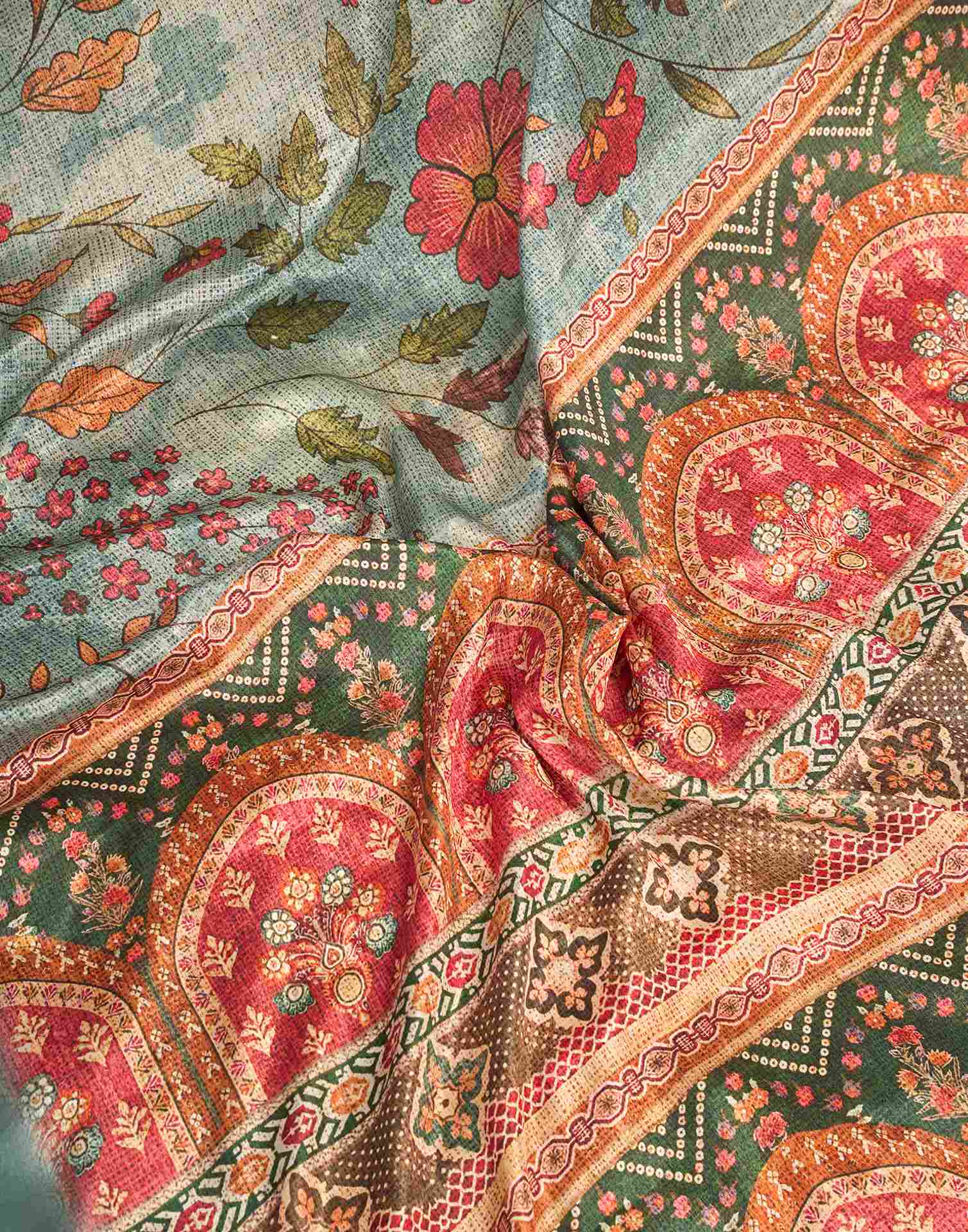 Ready To Wear Tea Green Chinnon Floral Printed Saree