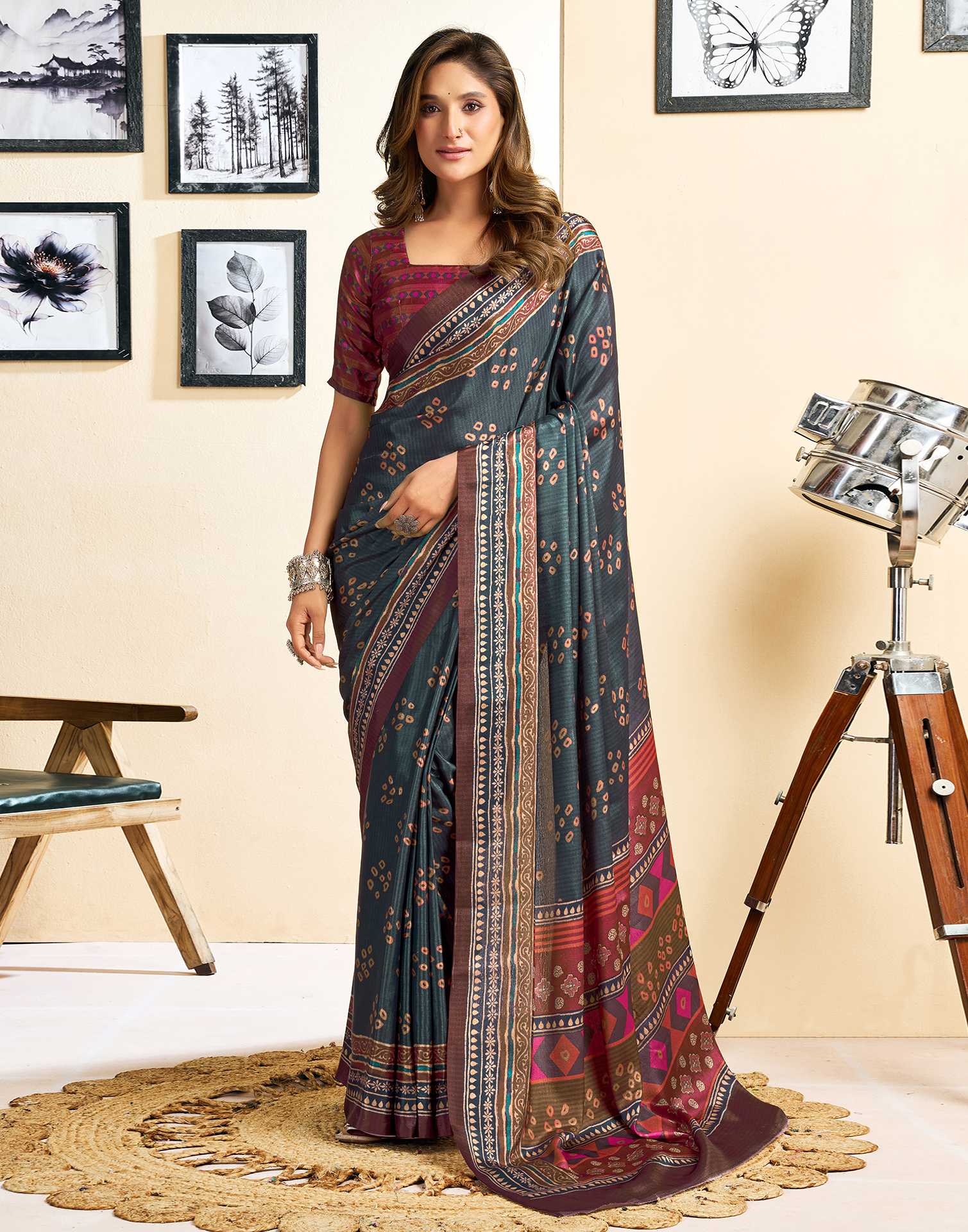 Ready To Wear Dusty Teal Blue Chinnon Printed Saree