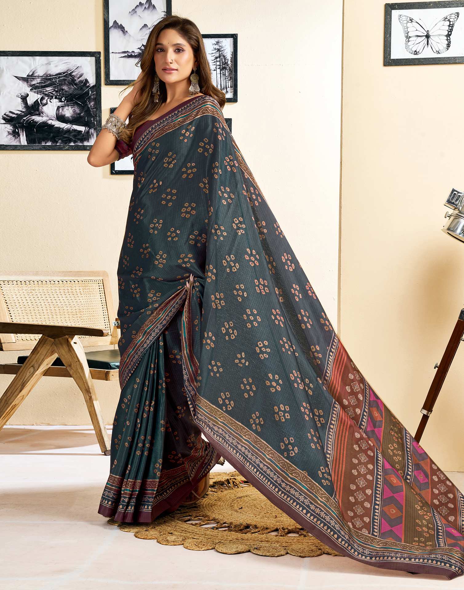 Ready To Wear Dusty Teal Blue Chinnon Printed Saree