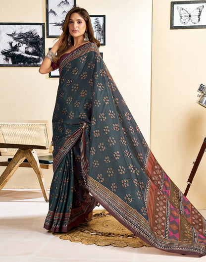 Ready To Wear Dusty Teal Blue Chinnon Printed Saree