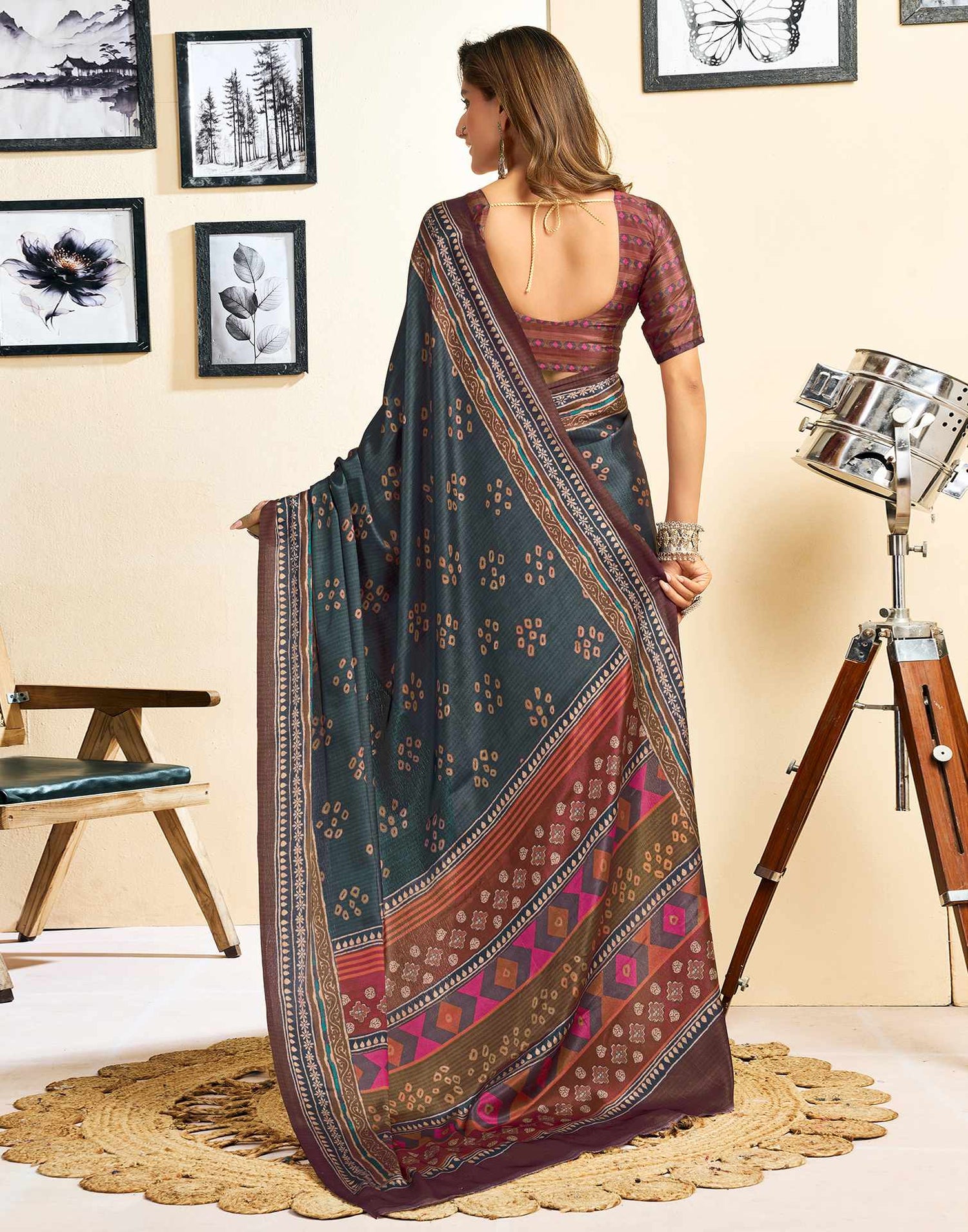 Ready To Wear Dusty Teal Blue Chinnon Printed Saree