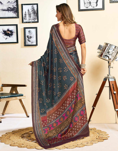 Ready To Wear Dusty Teal Blue Chinnon Printed Saree