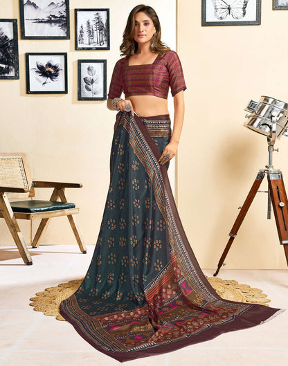 Ready To Wear Dusty Teal Blue Chinnon Printed Saree
