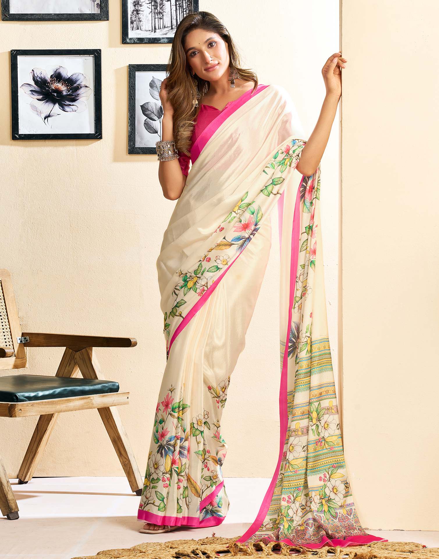 Ready To Wear Off White Chinnon Floral Printed Saree