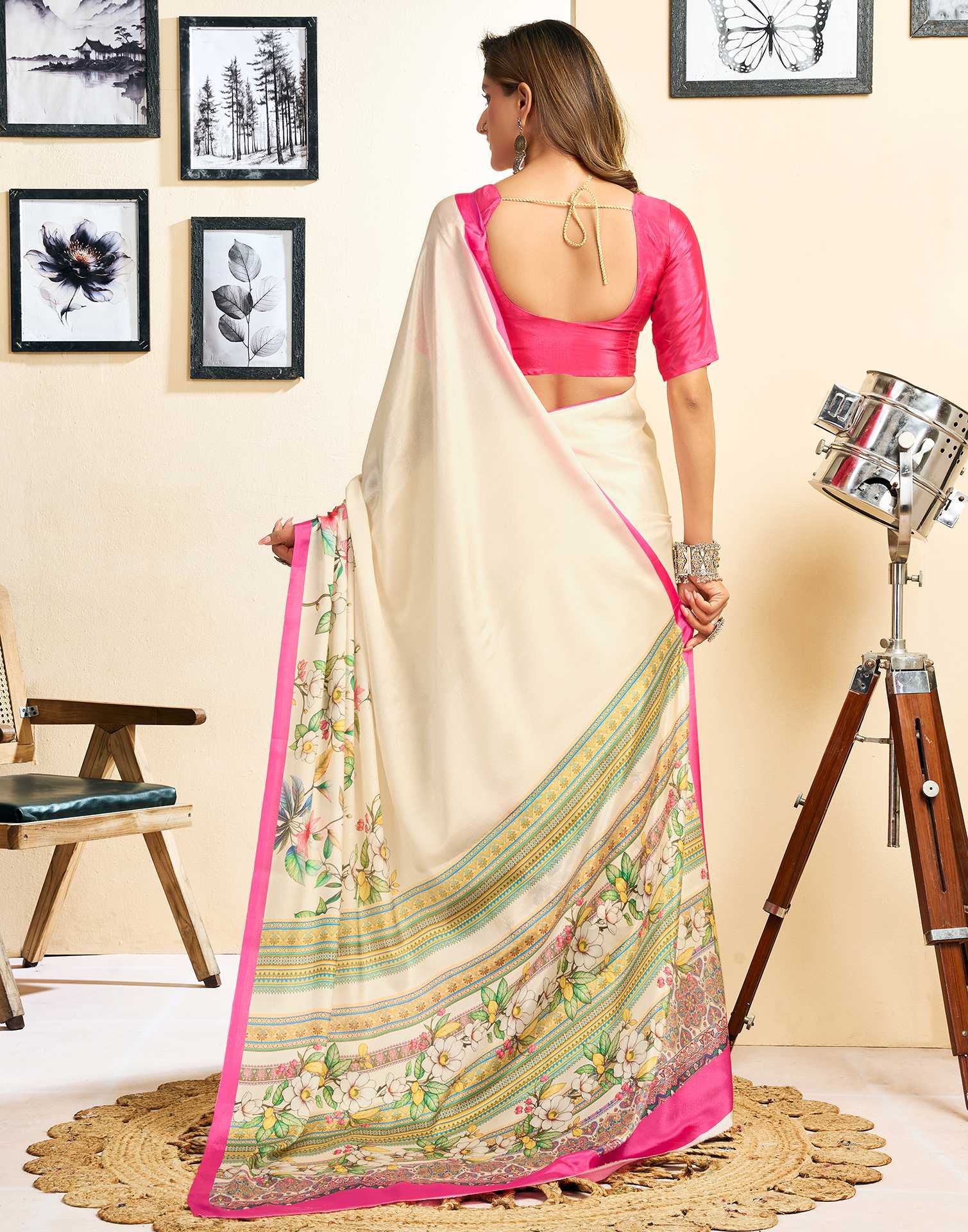 Ready To Wear Off White Chinnon Floral Printed Saree