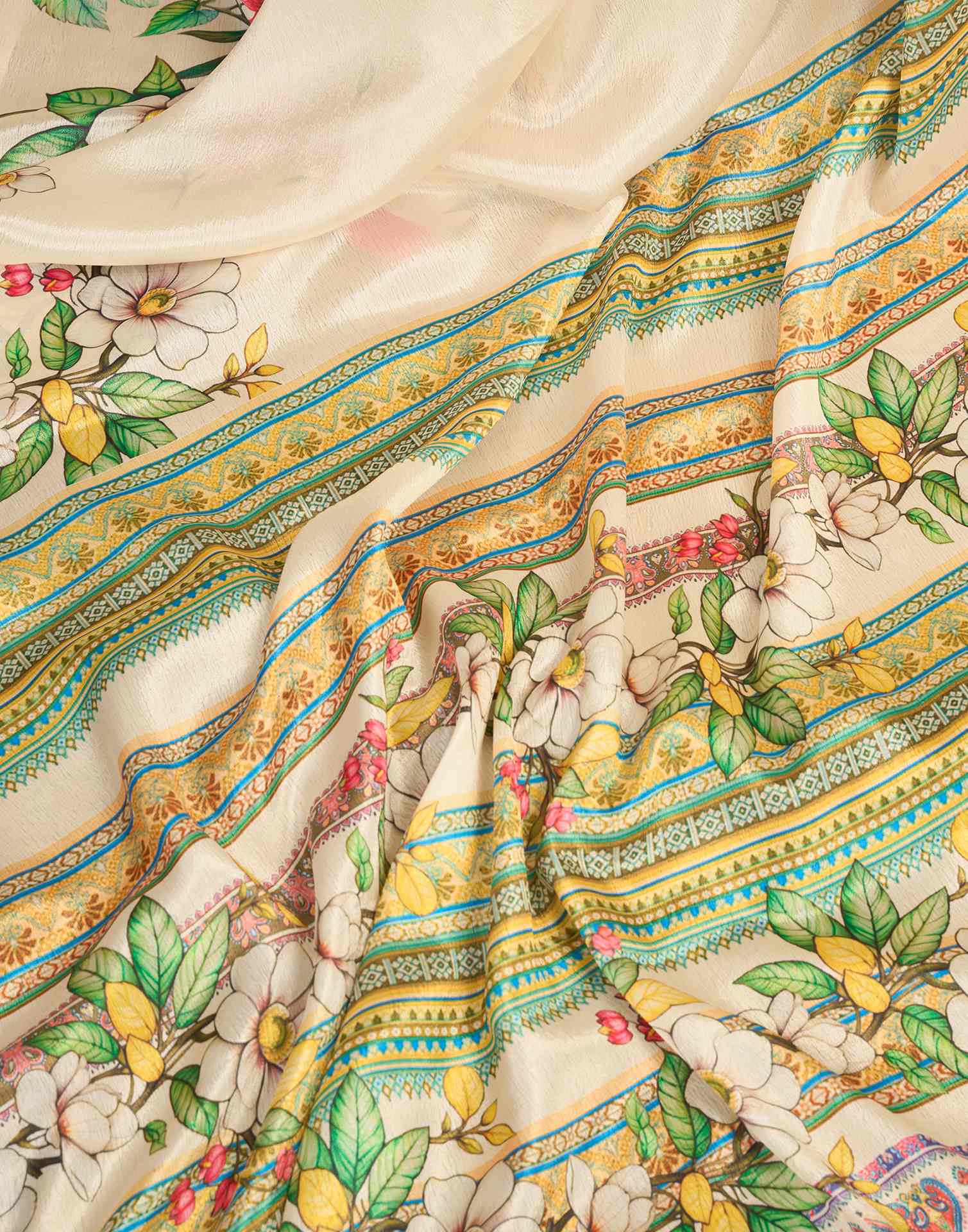 Ready To Wear Off White Chinnon Floral Printed Saree
