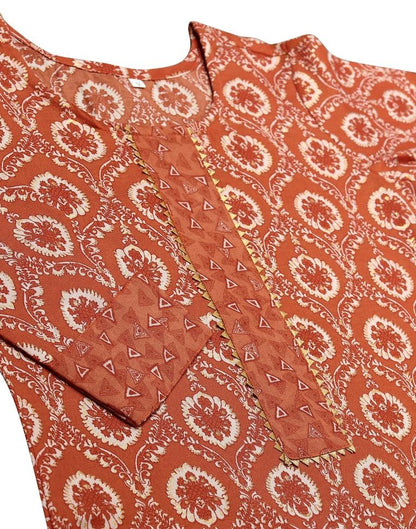 Orange Cotton Printed Straight Kurta With Pant And Dupatta