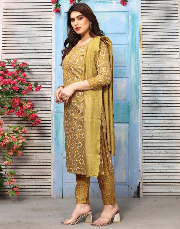 Mustard Printed Kurta With Pant And Dupatta