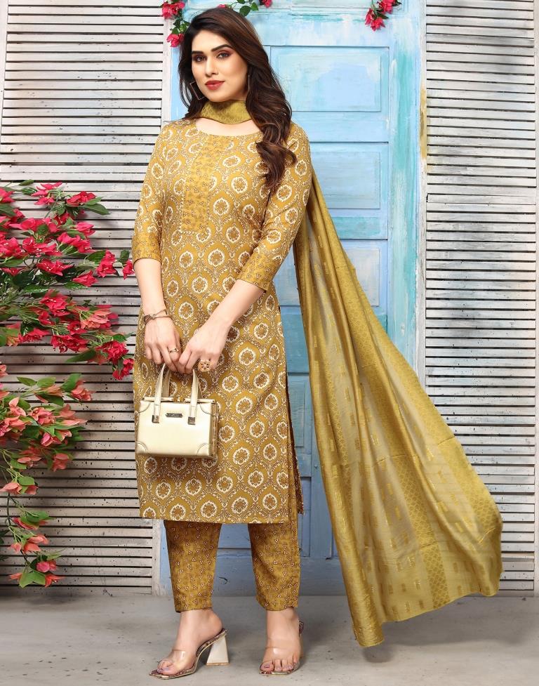 Mustard Printed Kurta With Pant And Dupatta