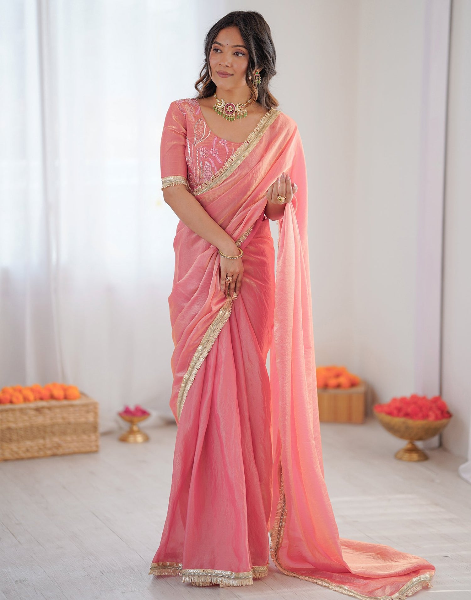 Ready To Wear Coral Pink Shimmer Gota Lace Saree
