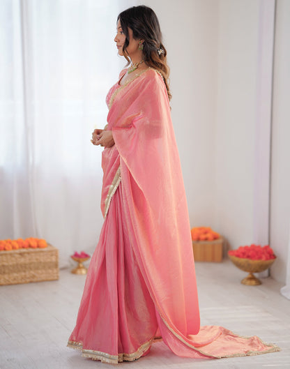 Ready To Wear Coral Pink Shimmer Gota Lace Saree