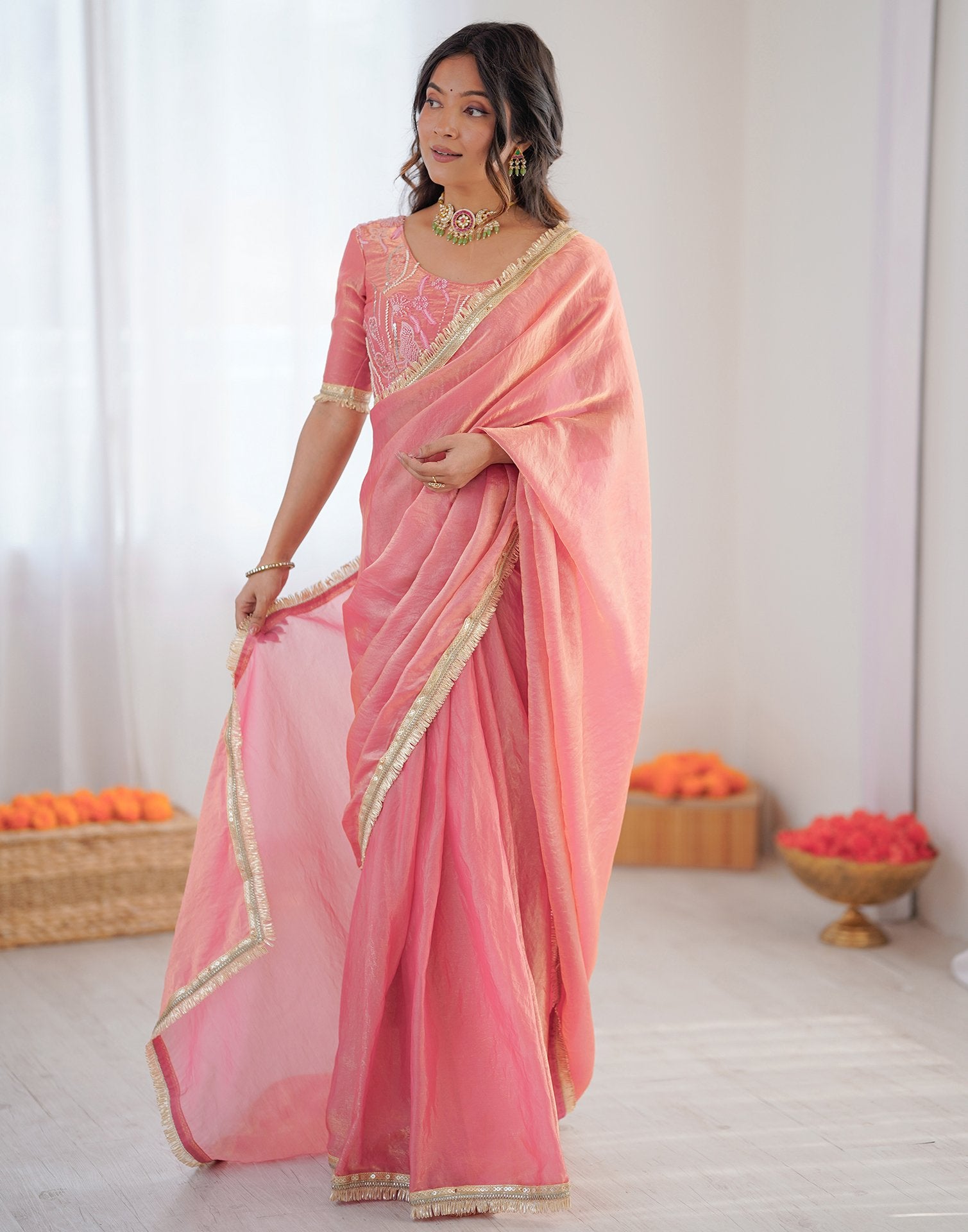 Ready To Wear Coral Pink Shimmer Gota Lace Saree