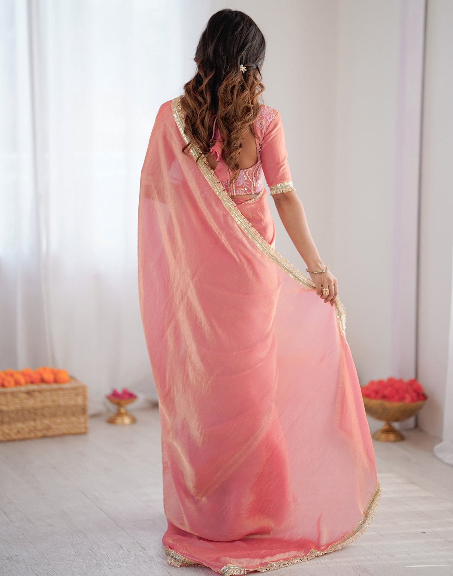 Ready To Wear Coral Pink Shimmer Gota Lace Saree