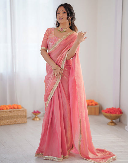 Ready To Wear Coral Pink Shimmer Gota Lace Saree