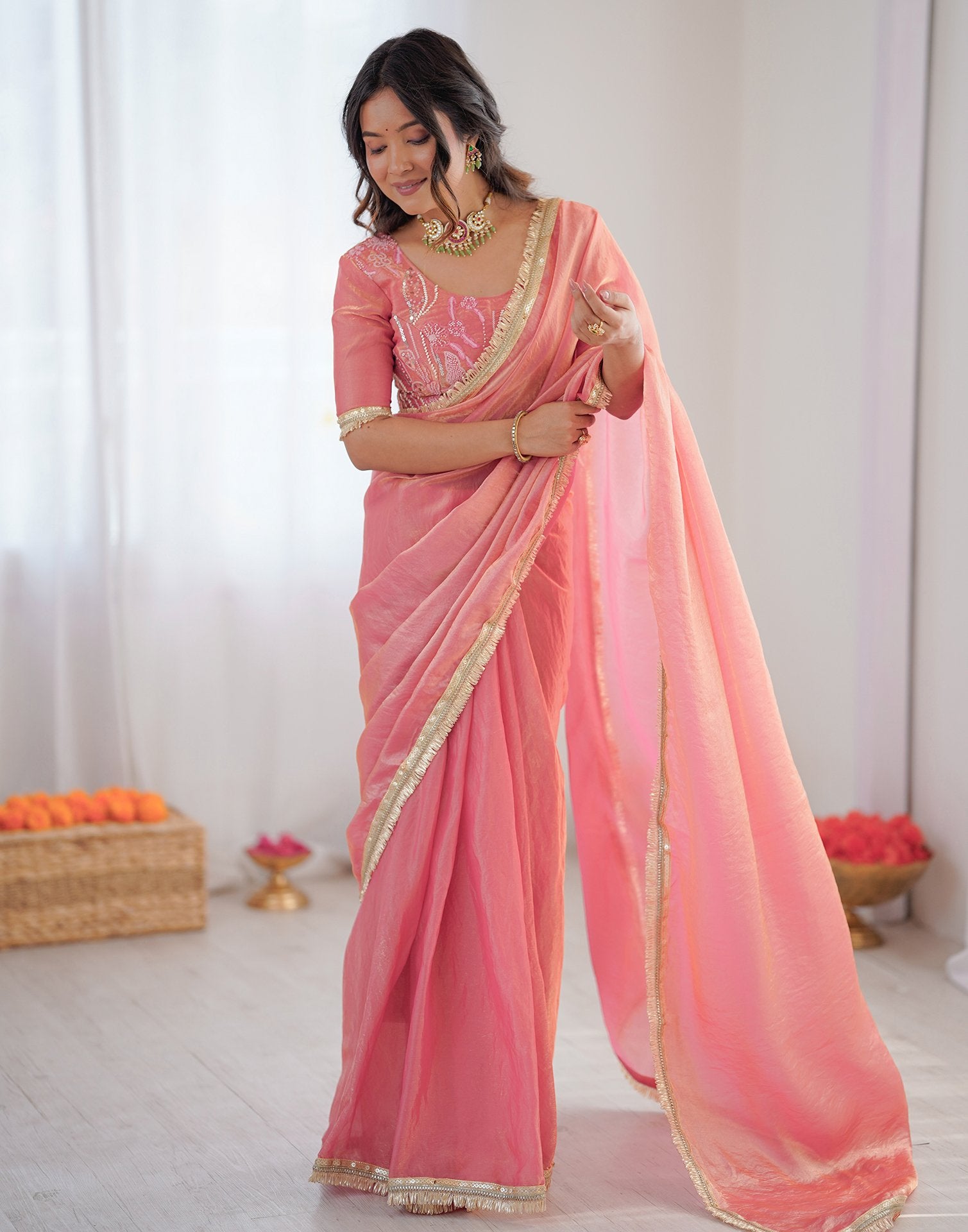 Ready To Wear Coral Pink Shimmer Gota Lace Saree