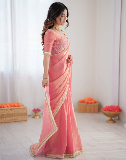 Ready To Wear Coral Pink Shimmer Gota Lace Saree