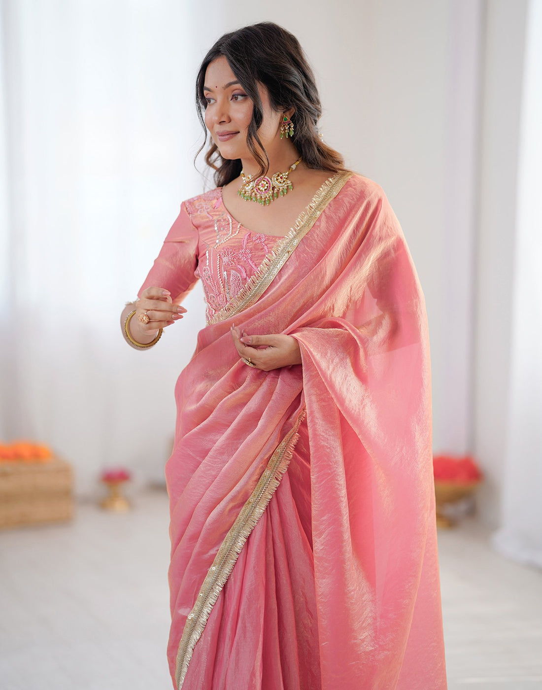 Ready To Wear Coral Pink Shimmer Gota Lace Saree