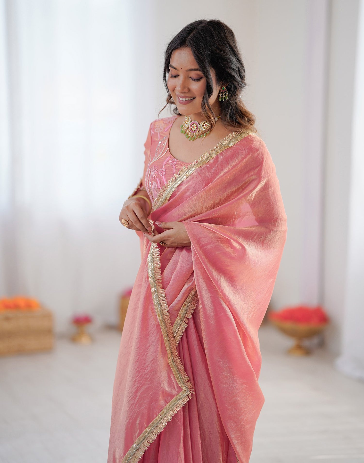 Ready To Wear Coral Pink Shimmer Gota Lace Saree