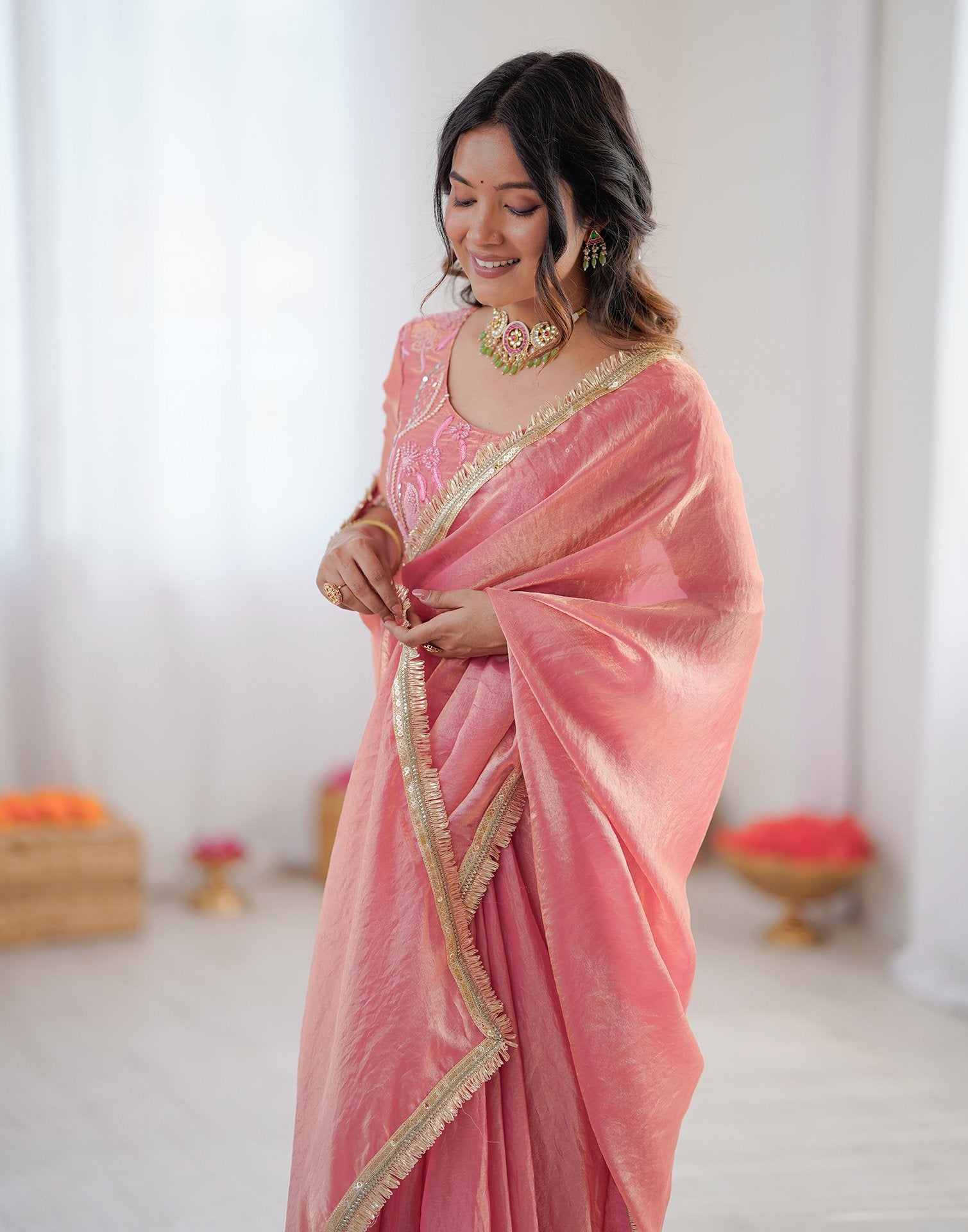Ready To Wear Coral Pink Shimmer Gota Lace Saree