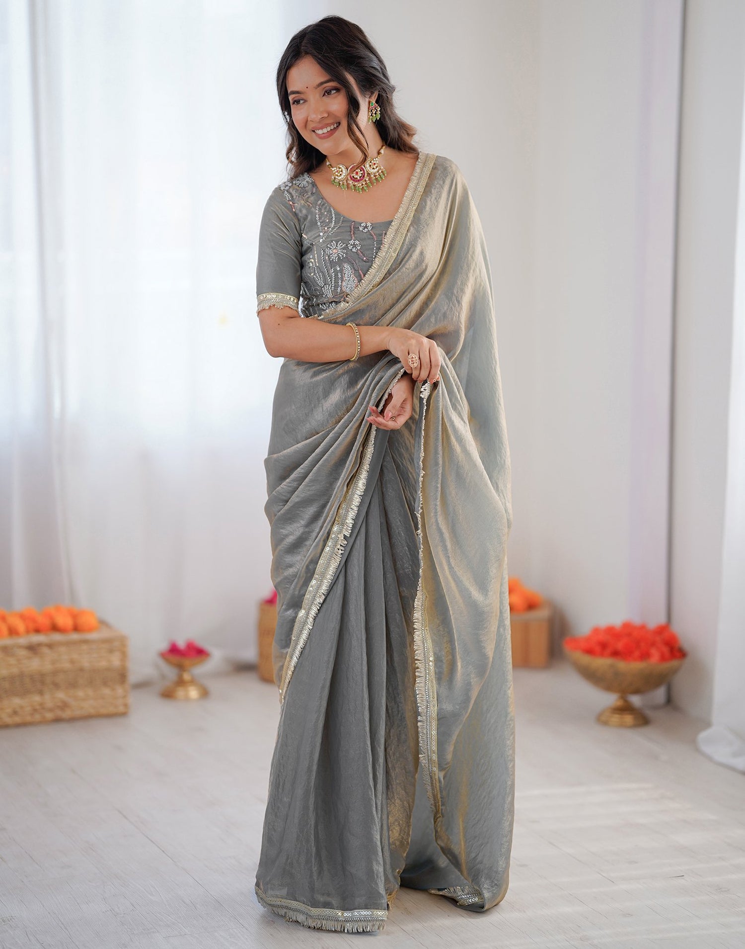 Ready To Wear Grey Shimmer Gota Lace Saree