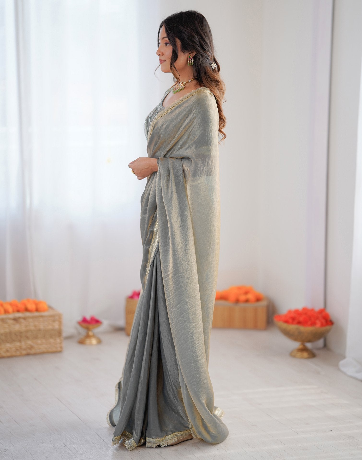 Ready To Wear Grey Shimmer Gota Lace Saree