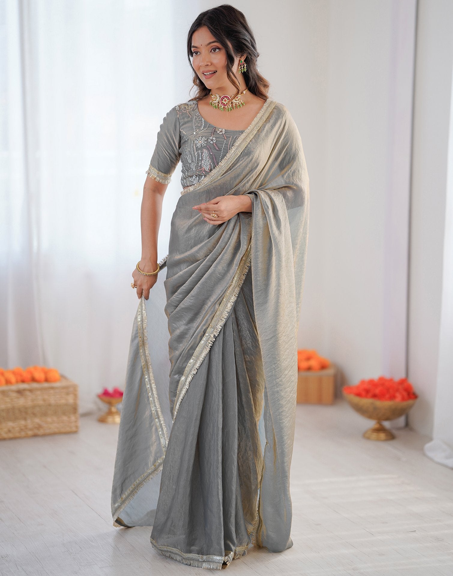 Ready To Wear Grey Shimmer Gota Lace Saree