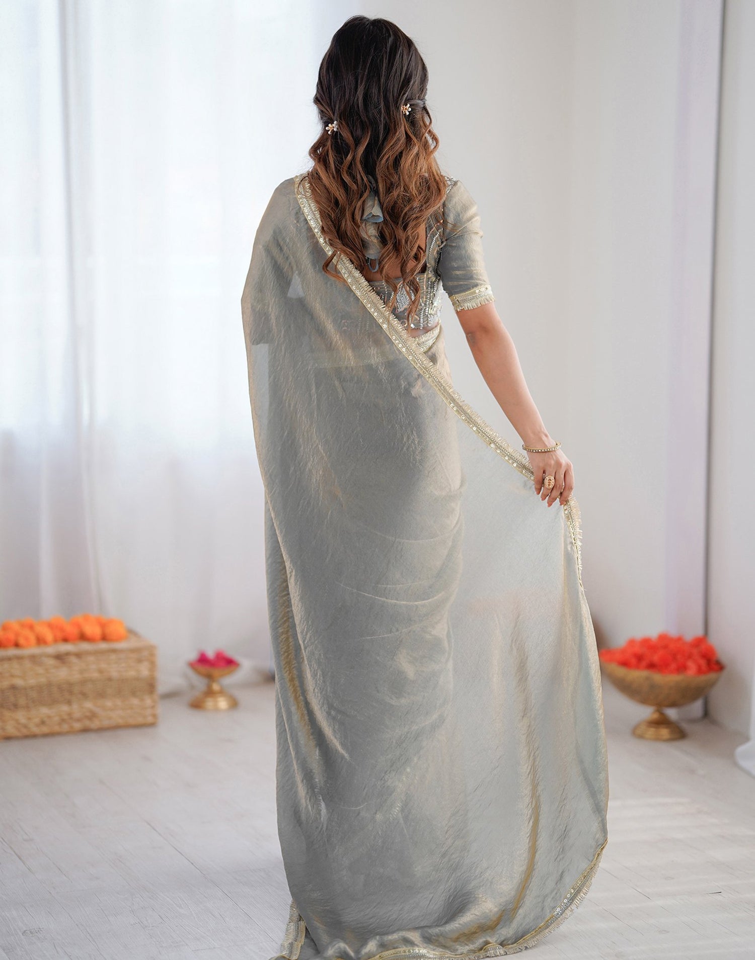 Ready To Wear Grey Shimmer Gota Lace Saree